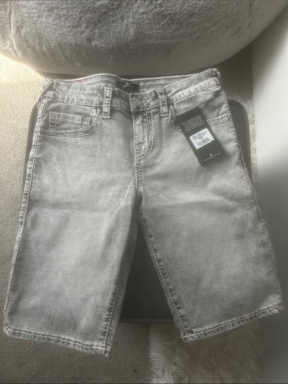 True Religion Boys Ricky Big T Washed Gray Denim Shorts